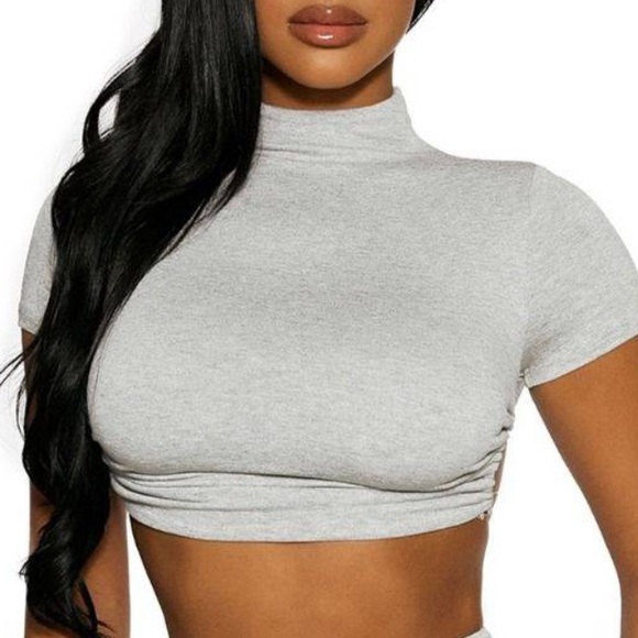 Naked Wardrobe Ruched to the T-ie Crop Top in Heather Grey - Picture 3 of 3